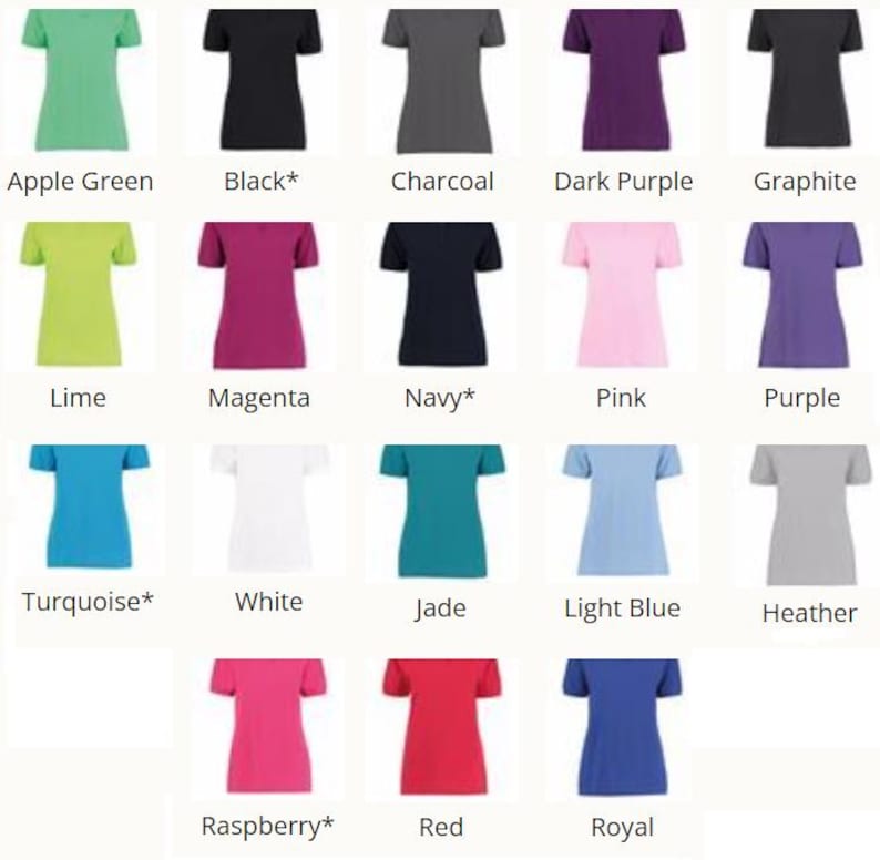 May include: A grid of twenty short-sleeved t-shirts in various solid colors including apple green, black, charcoal, dark purple, graphite, lime, magenta, navy, pink, purple, turquoise, white, jade, light blue, heather, raspberry, red, and royal blue.