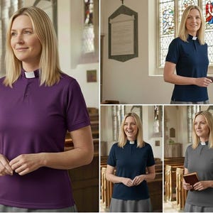 May include: A short-sleeved clergy shirt featuring a white tab collar insert. The shirt is available in solid purple, navy blue, and gray colors. Each shirt has a buttoned placket, a structured collar, and a smooth, uniform fabric finish.