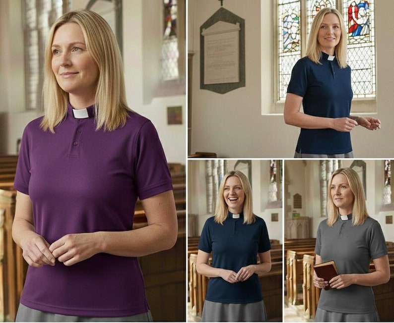 May include: A short-sleeved clergy shirt featuring a white tab collar insert. The shirt is available in solid purple, navy blue, and gray colors. Each shirt has a buttoned placket, a structured collar, and a smooth, uniform fabric finish.