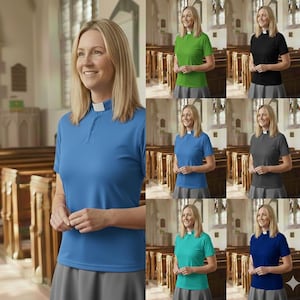 May include: A short-sleeved clergy shirt featuring a white tab collar, available in various solid colors including blue, green, black, gray, and teal. The shirt has a buttoned placket, a smooth fabric finish, and a tailored fit for a professional look.