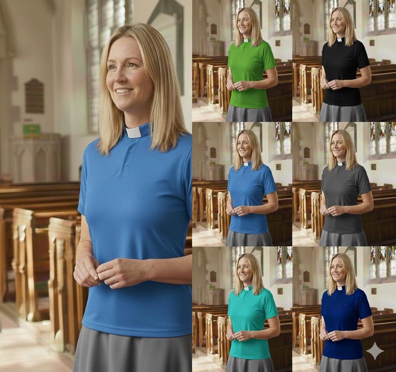 May include: A short-sleeved clergy shirt featuring a white tab collar, available in various solid colors including blue, green, black, gray, and teal. The shirt has a buttoned placket, a smooth fabric finish, and a tailored fit for a professional look.