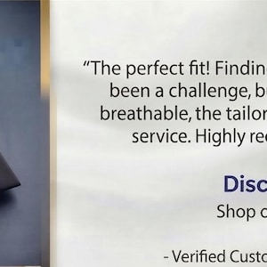May include: A black clergy shirt with a white clerical collar, folded and tied with a tan ribbon. The image includes a five-star review text stating: The perfect fit! Finding a stylish and well-fitting clergy shirt has always been a challenge.