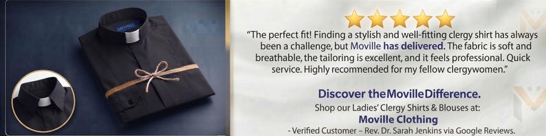 May include: A black clergy shirt with a white clerical collar, folded and tied with a tan ribbon. The image includes a five-star review text stating: The perfect fit! Finding a stylish and well-fitting clergy shirt has always been a challenge.