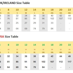 May include: A size chart for the KK7 Clerical Shirt featuring two tables. The top table displays UK/Ireland sizing with bust and waist measurements in inches and centimeters. The bottom table shows USA/Canada sizing with corresponding UK equivalents.