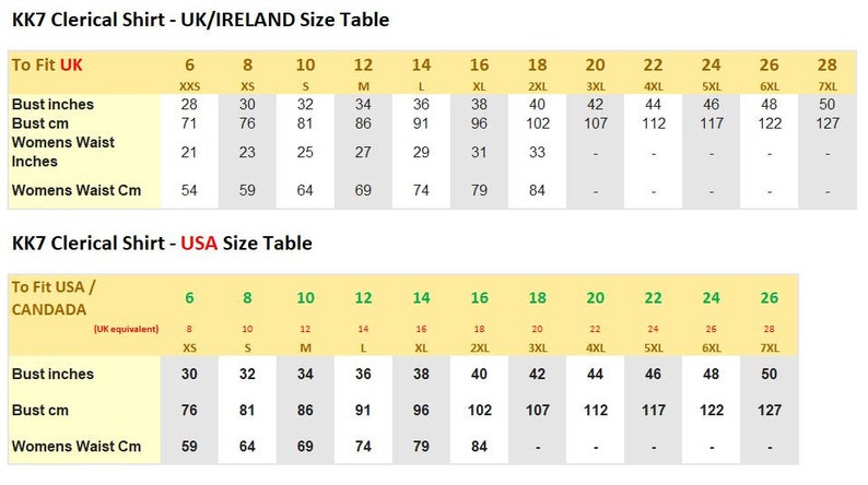 May include: A size chart for the KK7 Clerical Shirt featuring two tables. The top table displays UK/Ireland sizing with bust and waist measurements in inches and centimeters. The bottom table shows USA/Canada sizing with corresponding UK equivalents.