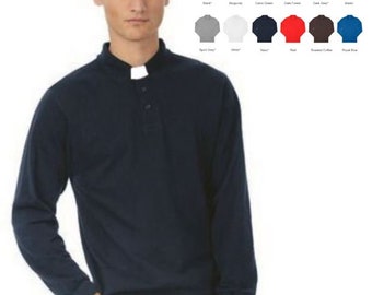 Men’s Luxury LONG SLEEVED Cotton Tab Collar Clerical Polo Shirt, 12 Colours – CP262AB