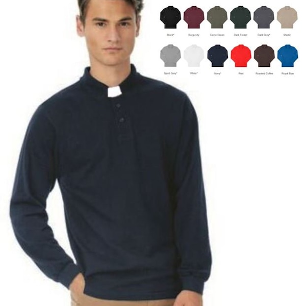 Men’s Luxury LONG SLEEVED Cotton Tab Collar Clerical Polo Shirt, 12 Colours – CP262AB