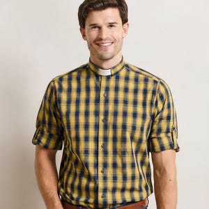 Check Tab Collar Clergy Shirt, with Roll Sleeve - 100% Cotton, yarn-dyed poplin