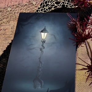 May include: A vintage-style street lamp with a glowing light bulb, surrounded by a dark, foggy atmosphere. The lamppost is wrapped in vines, adding a touch of mystery and whimsy to the scene.