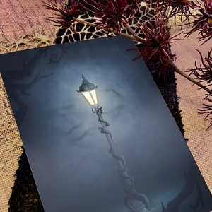 May include: A vintage-style street lamp with a glowing light bulb, surrounded by a misty, foggy atmosphere. The lamppost is wrapped in vines, adding a touch of nature to the scene.