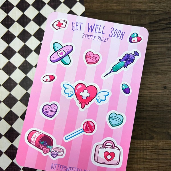 Get Well Soon Matte Sticker Sheet • Kawaii and Gothic Aesthetic Matte Decals • Cute Stationery Deco for Planners and Journals