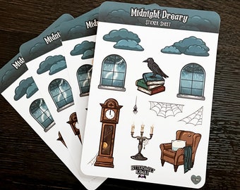 Midnight Dreary Sticker Sheet • Kawaii and Gothic Aesthetic Matte Decals • Cute Stationery Deco for Planners and Journals