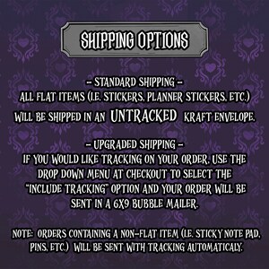 May include: A purple and white graphic with the text "SHIPPING OPTIONS" in a black banner. The text explains the shipping options for flat items and non-flat items. Flat items are shipped in an untracked kraft envelope. Non-flat items are shipped with tracking automatically.