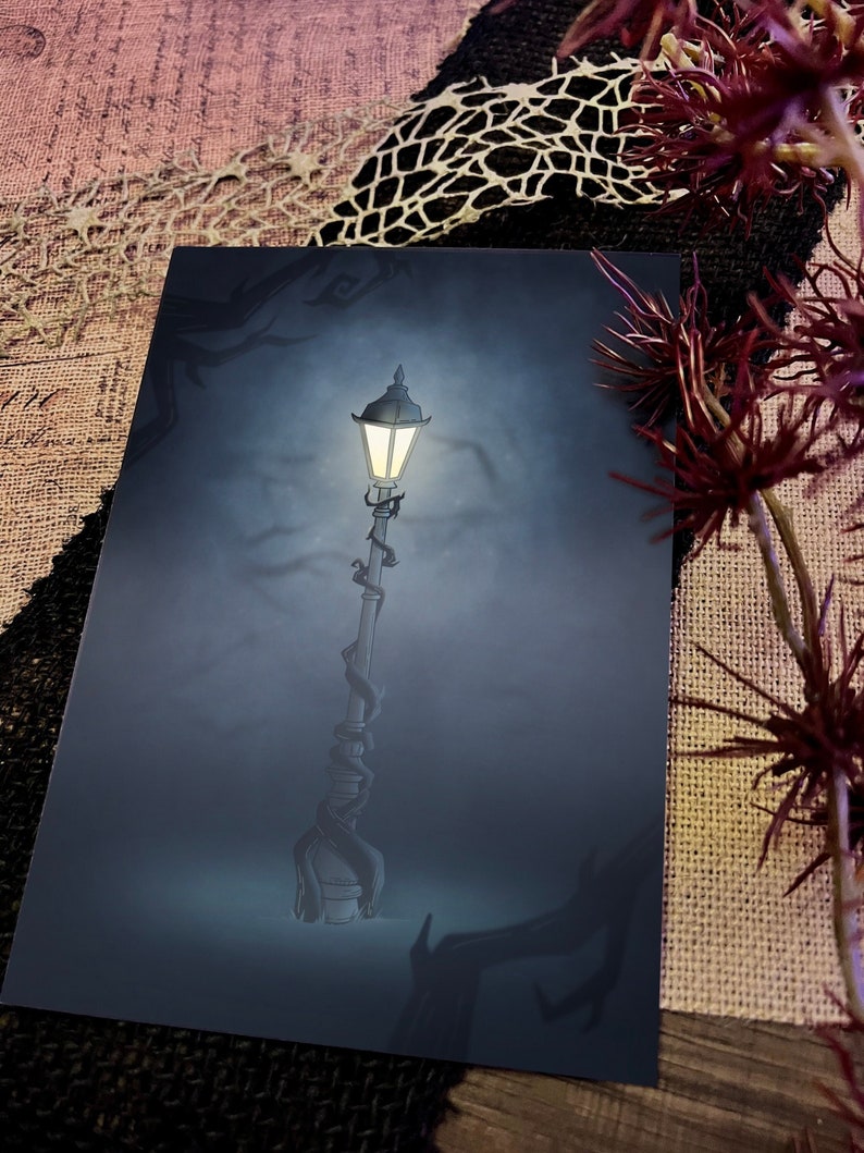 May include: A vintage-style street lamp with a glowing light bulb, surrounded by a dark, foggy atmosphere. The lamppost is wrapped in vines, adding a touch of mystery and whimsy to the scene.