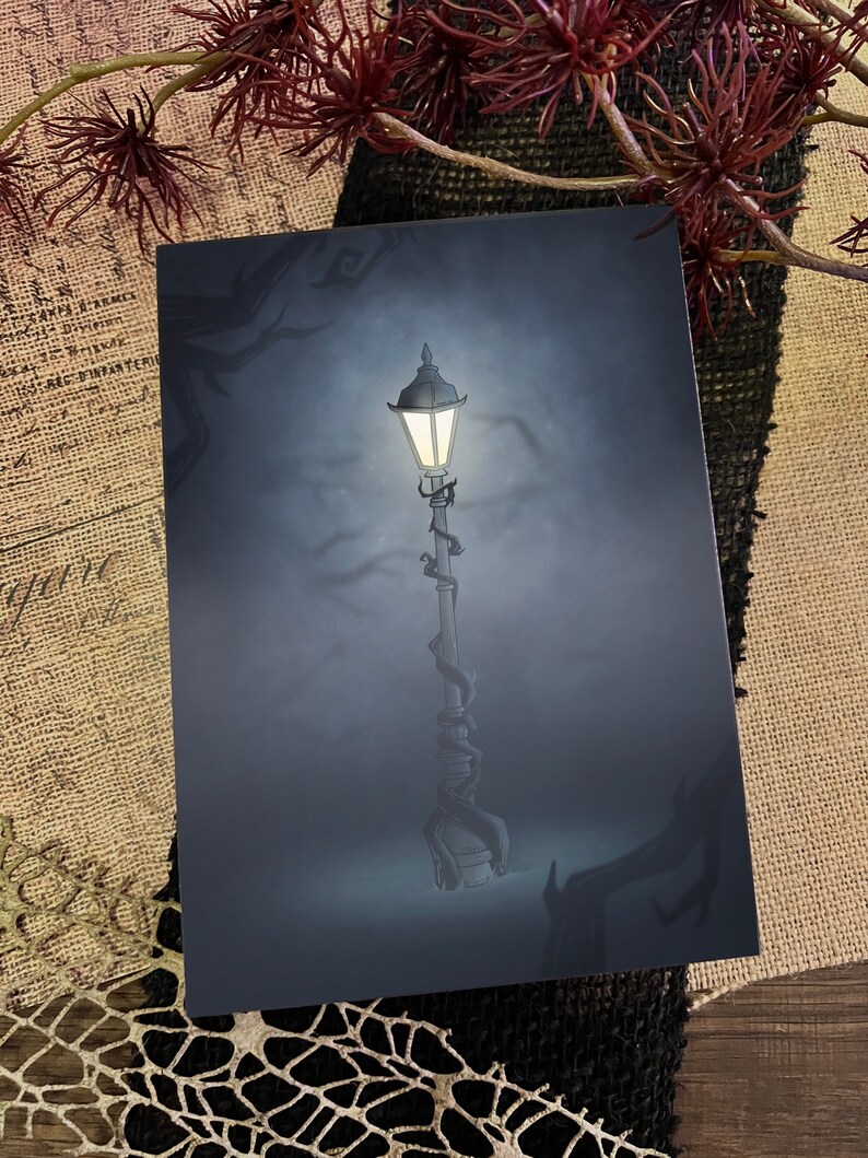 May include: A vintage-style street lamp with a glowing light bulb, surrounded by a dark, foggy atmosphere. The lamppost is wrapped in vines, adding a touch of mystery and whimsy to the scene.