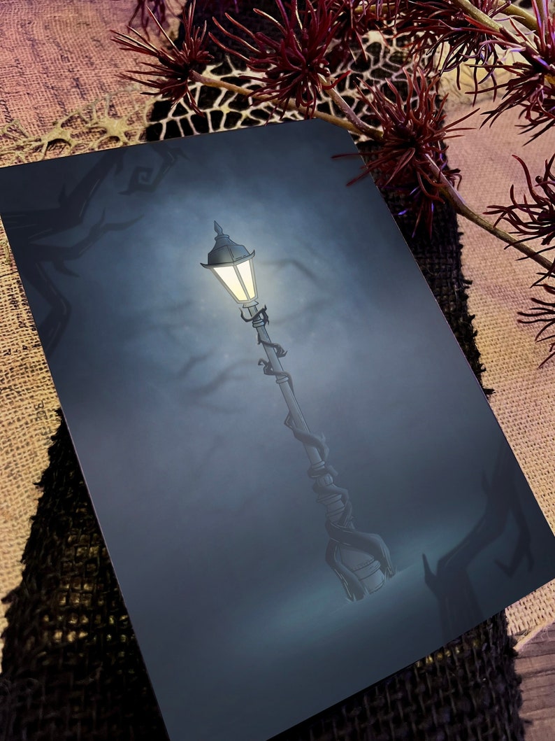 May include: A vintage-style street lamp with a glowing light bulb, surrounded by a misty, foggy atmosphere. The lamppost is wrapped in vines, adding a touch of nature to the scene.