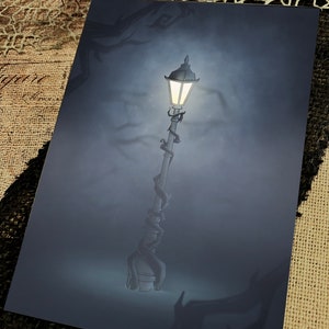 May include: A vintage-style street lamp with a glowing light bulb, surrounded by a thick, dark fog. The lamppost is wrapped in vines, adding a touch of mystery to the scene.