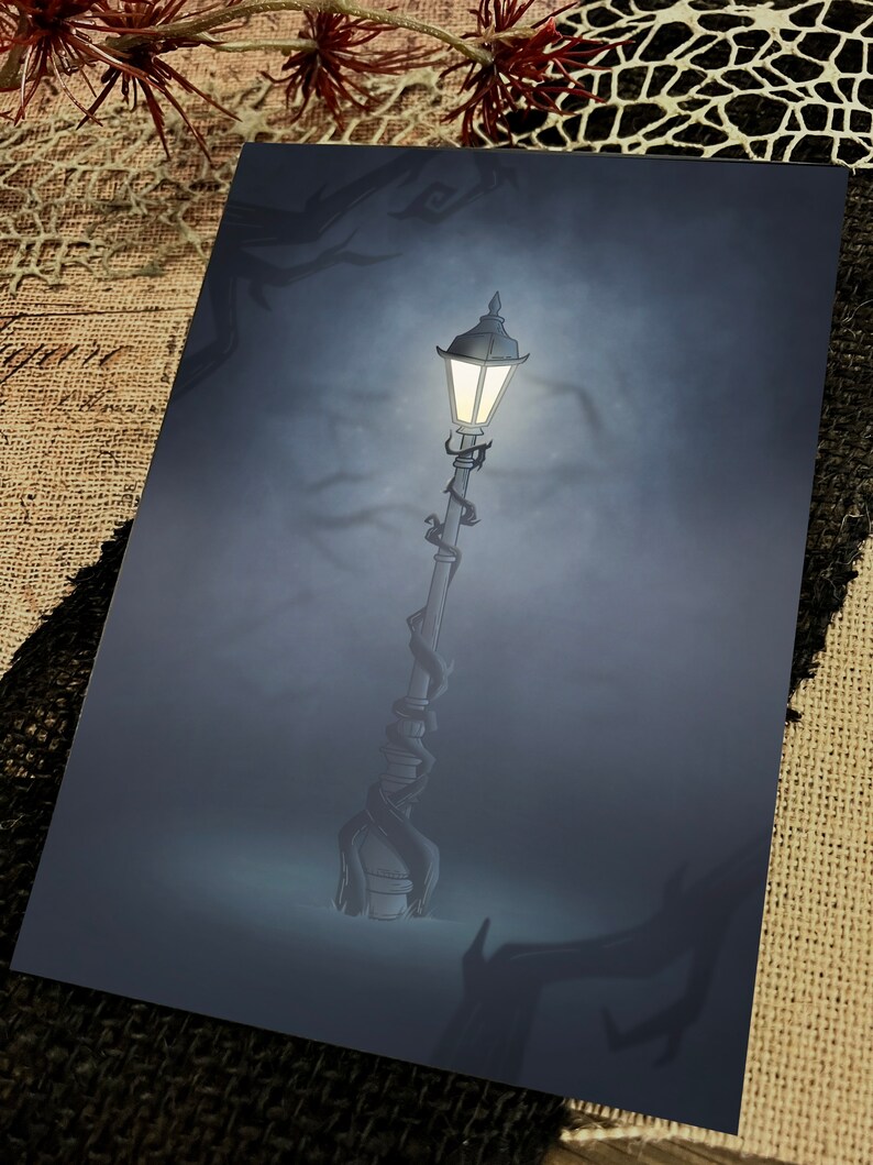 May include: A vintage-style street lamp with a glowing light bulb, surrounded by a thick, dark fog. The lamppost is wrapped in vines, adding a touch of mystery to the scene.