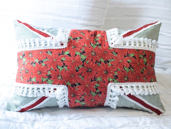 Christmas poinsettia Union Jack flag pillow, holiday pillow, English cottage
