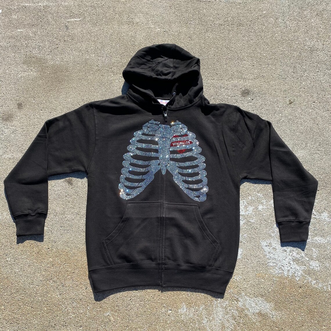 Versailles Rib Cage Rhinestone Zip up Hoodie Etsy