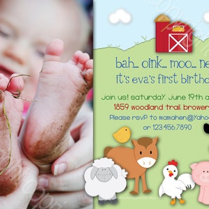 Little Piggy Farm Friends Custom - Foto Optional Geburtstags-Party Einladung - Mädchen Junge - druckbare digitale Karte einladen 4 x 6 5 x 7 personalisiert