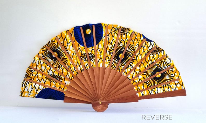 Colorful hand-crafted hand fan made of wood and African wax print fabric in yellow tones – a unique work of art for every occasion! image 7