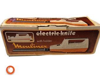 1970s Moulinex electric knife in original packaging orange-white with holder and 2 blades blade guard Full Set France