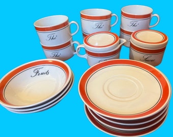 1970s Seltmann Weiden tea service, coffee service 19 pieces white-orange for 6 people. best. made of 6 cups, milk jug sugar ceramic Germany