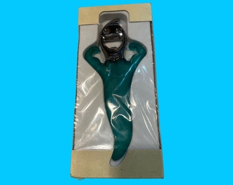 New 1970s Bugatti designer bottle opener for bottle caps in original packaging NOS green plastic metal Italy