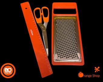 1970s Bundle of 3 grater, scissors, ruler orange Germany