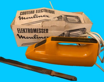 1970s moulinex electric knife in original packaging orange-brown with 2 blades and blade protection France