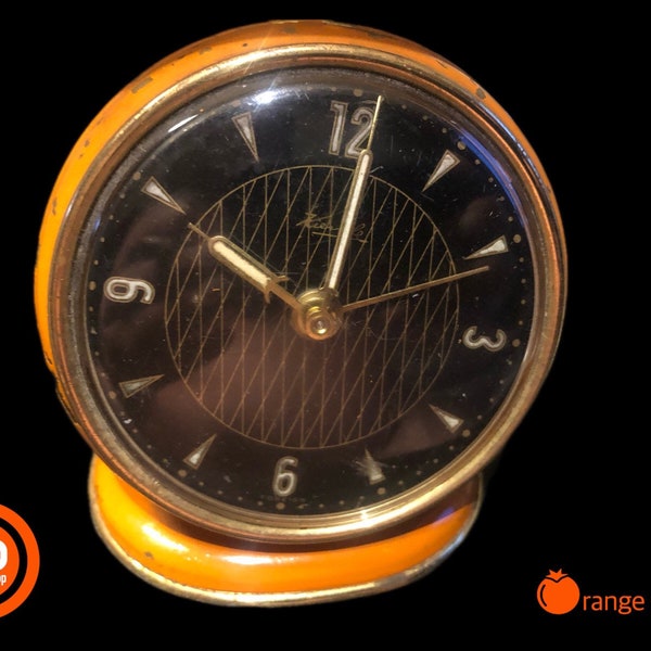 1950 Kienzle alarm clock mechanically fully functional very stylish in orange on pedestal Germany