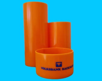 1970s pen holder from Volksbank Backnang Utensilo desk storage compartments orange 14 cm plastic Germany