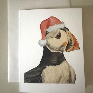 Puffin Blank Holiday Greeting Card, thank you card, santa hat puffin, happy holidays, festive bird decor