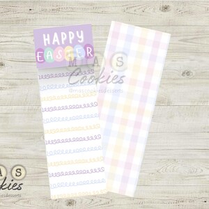 Może przedstawiać: Drukowany wzór na torebkę na smakołyki z fioletowym tłem z tekstem "Happy Easter" i pastelowymi jajkami wielkanocnymi. Wzór zawiera również białe tło z powtarzającym się wzorem pastelowych pasków i kratki.