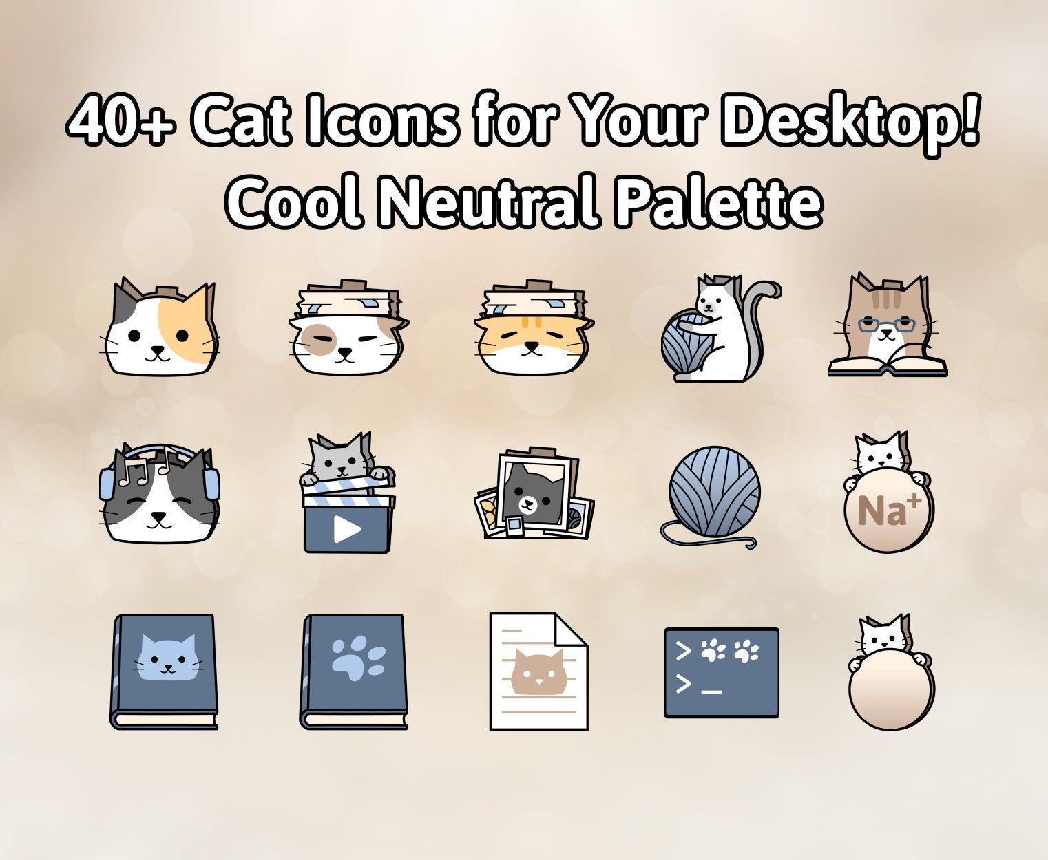 Cute Cat Folder Icons Neutral Denim Windows and (Instant Download