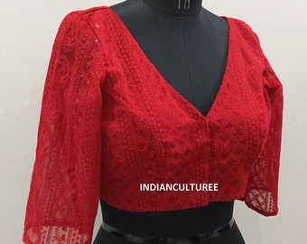 Handmade Chikankari Embroidered Saree Blouse, Georgette V-Neck, 3/4 Sleeves