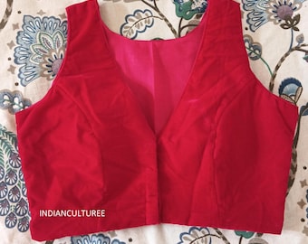 Handmade Velvet Sari Blouse, Front Open Sleeveless Top