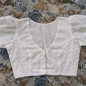 Handmade Chikankari EMBROIDERED BLOUSE, V Neck Front Open Georgette Puff Short Sleeves Blouse, Blouse  !! Saree Blouse !! Free Shipping !!