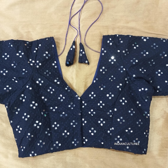 Mirror Work V-Neck Georgette Blouse – Elbow Sleeves | Party Wear  | Custom Stitching Available