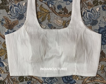White Dupion Silk Saree Blouse, Sleeveless Indian Top, Padded blouse
