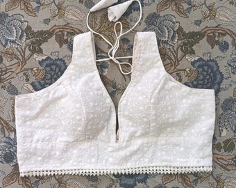 Handmade White Chikankari Blouse | Sweetheart Neck, Sleeveless
