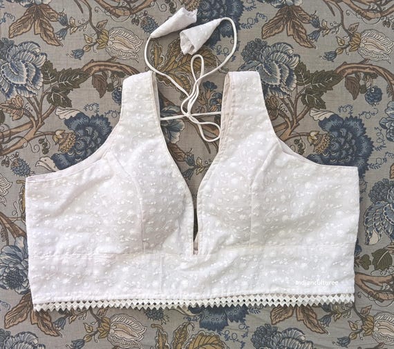 Handmade White Chikankari Blouse | Sweetheart Neck, Sleeveless