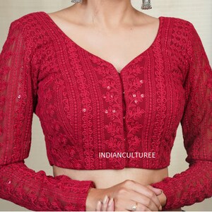 Red Chikankari EMBROIDERED BLOUSE, Front Open, Full Sleeves, Woman Choli Blouse, Party Wear Blouse, Saree Choli Blouse || Free Shipping ||