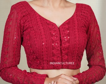 Red Chikankari EMBROIDERED BLOUSE, Front Open, Full Sleeves, Woman Choli Blouse, Party Wear Blouse, Saree Choli Blouse || Free Shipping ||