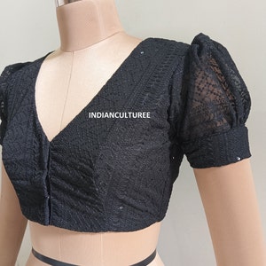 Handmade Chikankari EMBROIDERED BLOUSE, V Neck Front Open Georgette Puff Short Sleeves Blouse, Blouse !! Saree Blouse !! Free Shipping !!