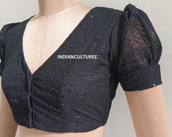 Handmade Chikankari Embroidered Blouse, Georgette V Neck Puff Sleeve