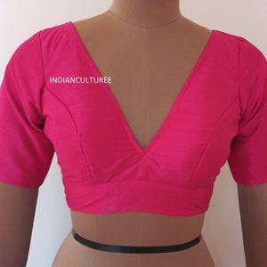 Pink Color Silk Blouse In V Neck And Elbow Sleeves, Inside Cotton Lining with soft Padded, Party wear Blouse, All Size & Colour Available