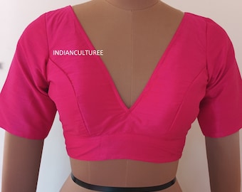 Pink Silk V-Neck Blouse, Elbow Sleeves, Padded Lined, Custom Size