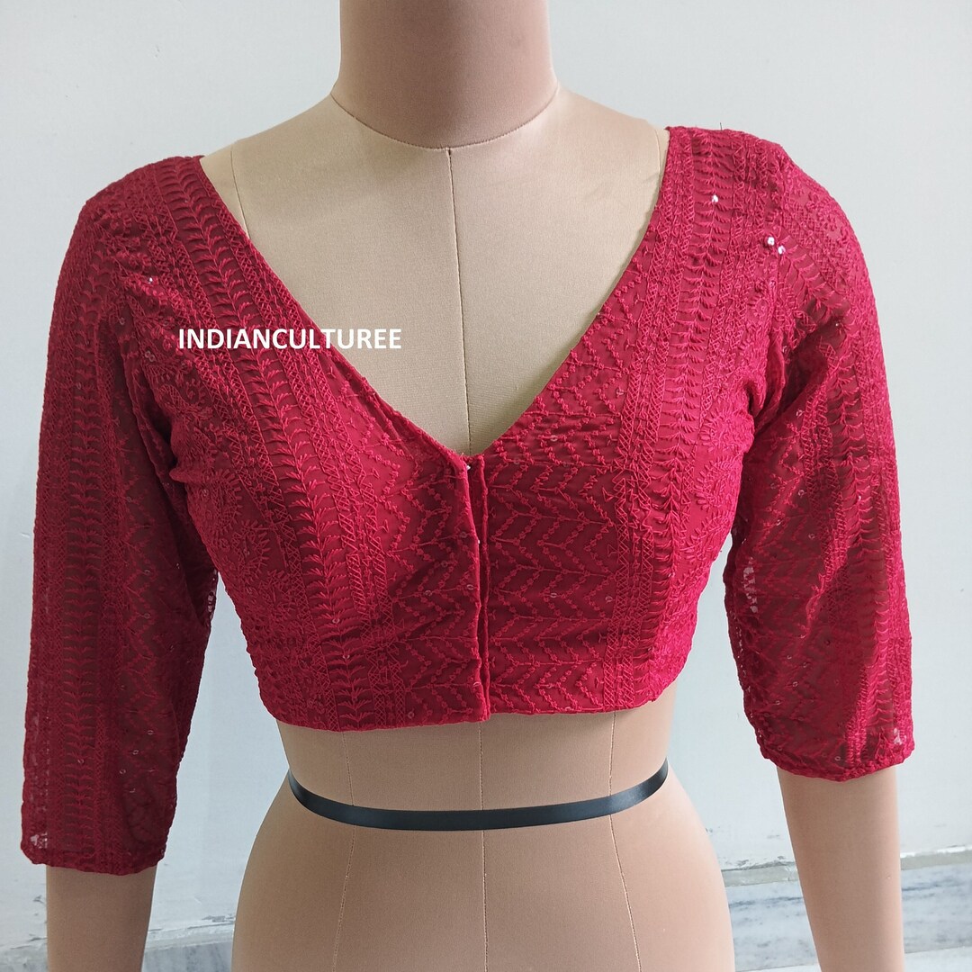 Vistavelle Pink Color V-Neck PR Chikankari Georgette Digital Blouse